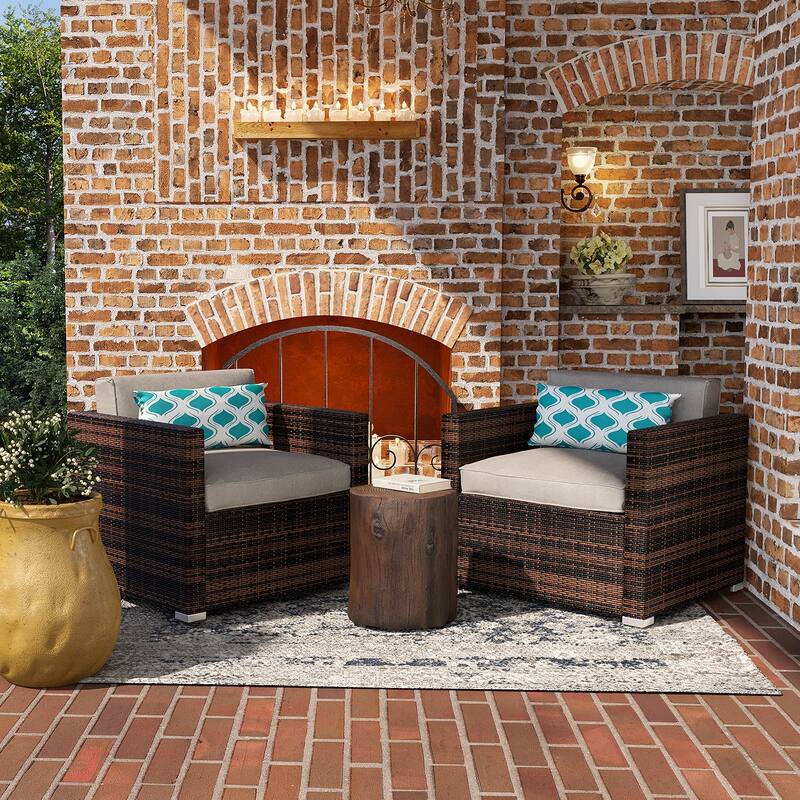COSIEST 3-piece Patio Wicker Club Chairs with Cushions, Chat Set with Accent Side Table - Dark Brown