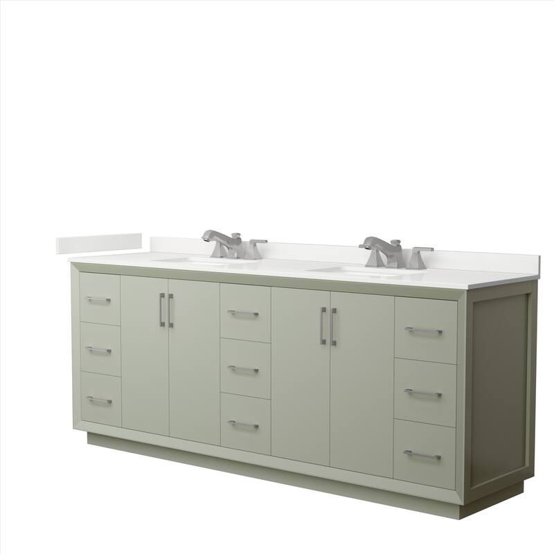 Strada 84-inch Double Vanity, Quartz Top - Light Green, Nickel Trim, White Quartz Top