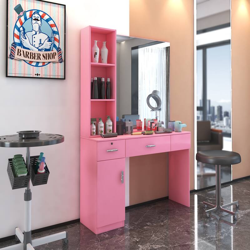Salon Vanity with Mirror, Barber Beauty Spa Styling Station with Storage, Pink - Pink