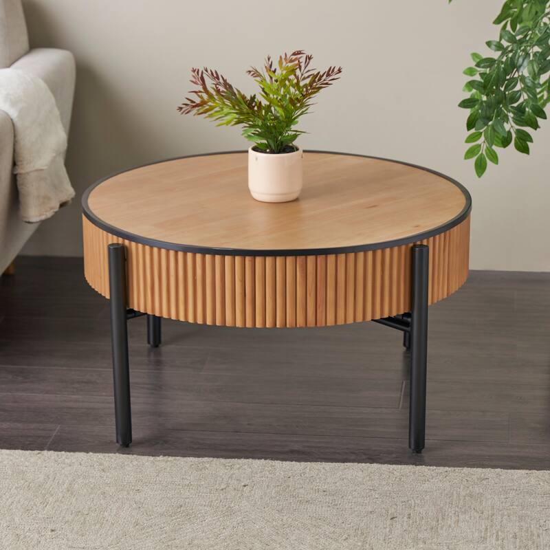 Brown Wood Handmade Slatted Drum Side End Accent Table with Black Metal Legs