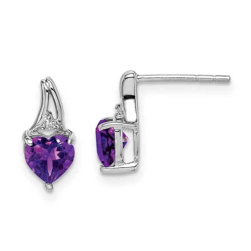 Curata 925 Sterling Silver Polished Open back Rhodium Plated Diamond Amethyst Love Heart Post Earrings - 10x5mm Wide
