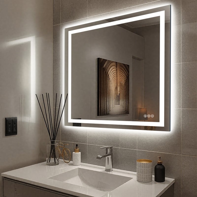 Extra Large LED Bathroom Mirror Anti-Fog Tempered Wall Vanity Mirror with Double Light Strip, Dimmable, UL-Listed - 36x36