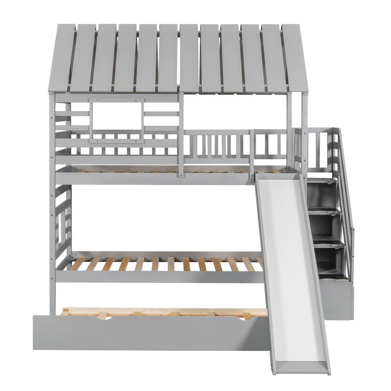 Kids Twin/Twin House Bunk Bed with Trundle and Slide, Storage Staircase, and Fun Roof & Window - Grey/White