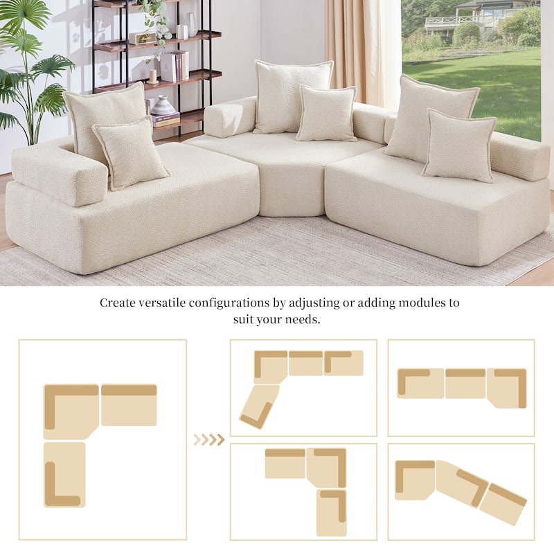 103.5" Boucle L-Shaped Modular Sectional Sofa, 6 Pillows