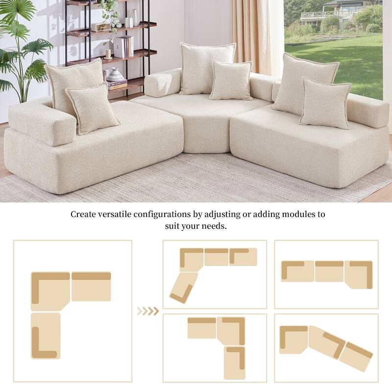 Oversized Modular L Shaped Sofa, Convertible Compressed Couch, Beige Boucle 3 PC Free Combo for Living Room
