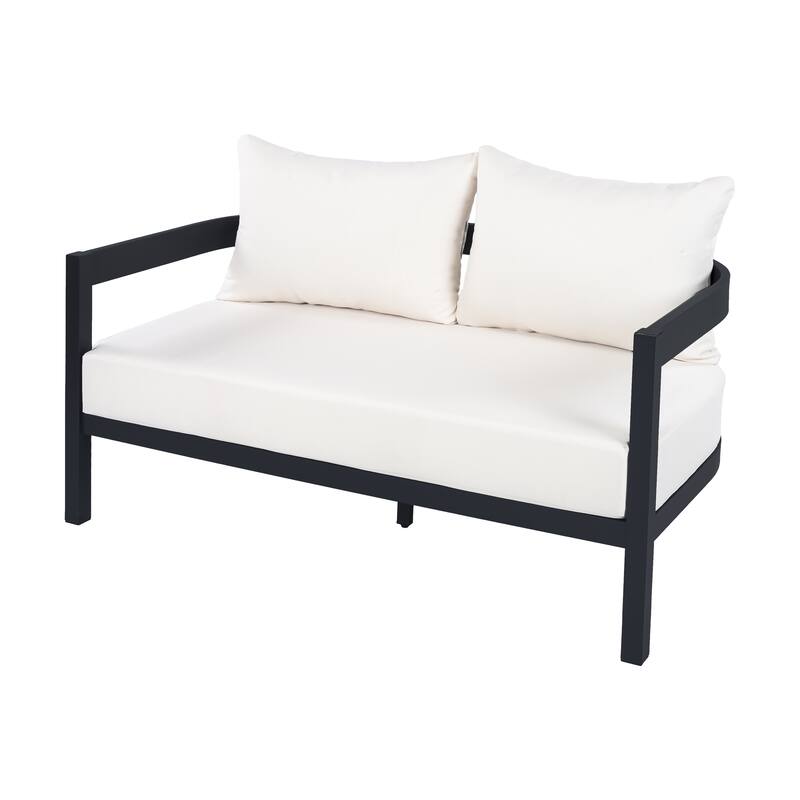 Christopher Knight Home - Modern 4-Piece Outdoor Aluminum Patio Conversation Set with Oval Glass Coffee Table & Cushions