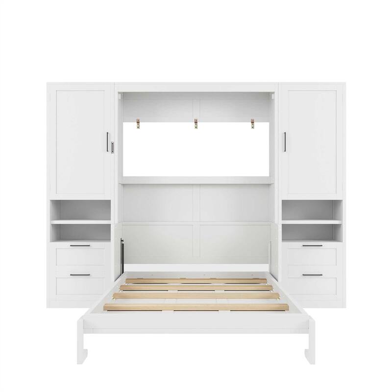 Full/Queen Size Horizontal Murphy Bed with Integrated Storage, Wood Wall Murphy Bed Frame with Closet, Drawers and Shelves