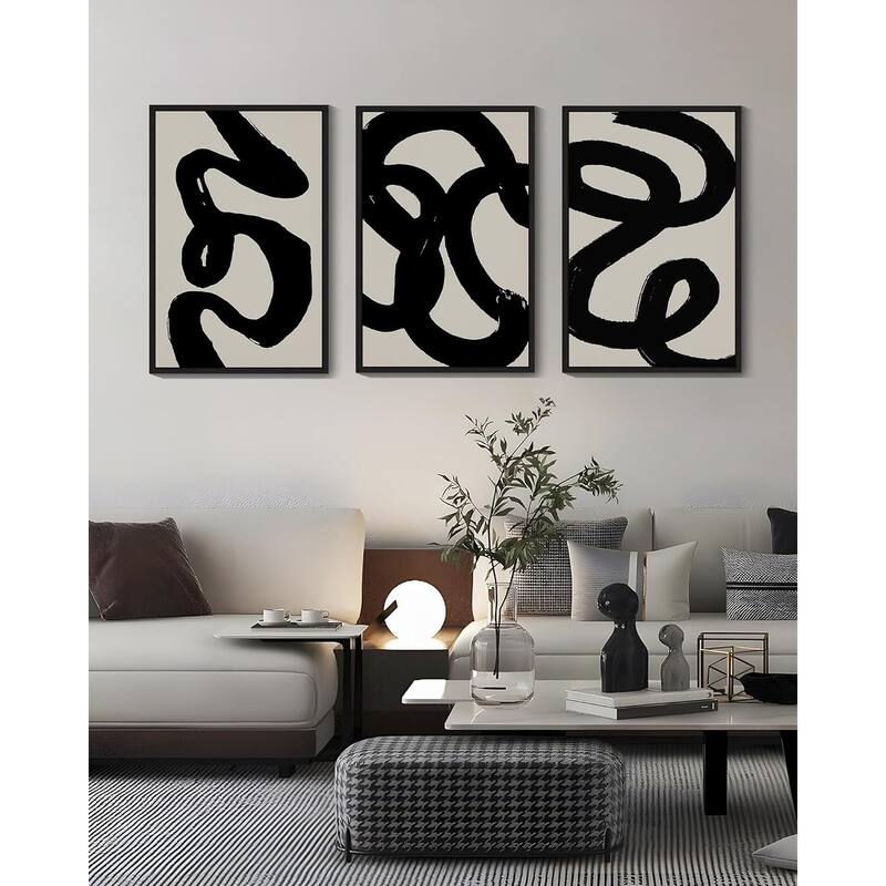 Black Abstract Wall Art Ink Wash Minimalist Lines