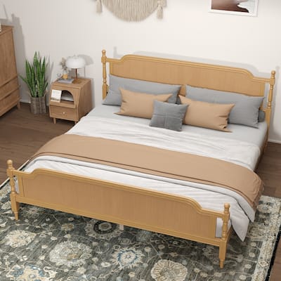 Rattan Platform Bed Frame with Handwoven Rattan Headboard and Footboard, No Box Spring Needed Solid Pine Wood Bed Frame