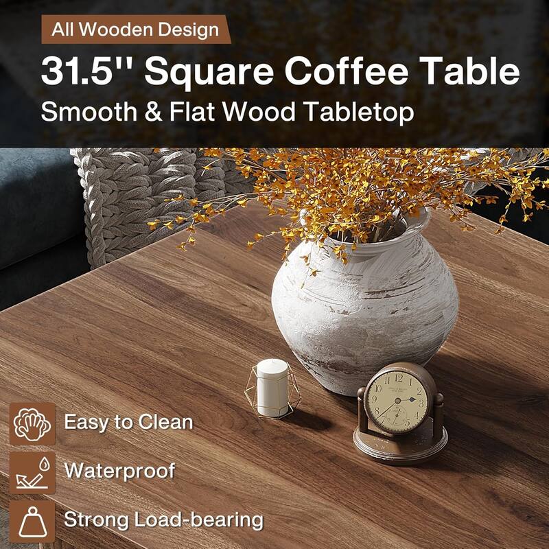 31.5 Brown Wood Square Coffee Table, Large Fluted Coffee Table for Living Room