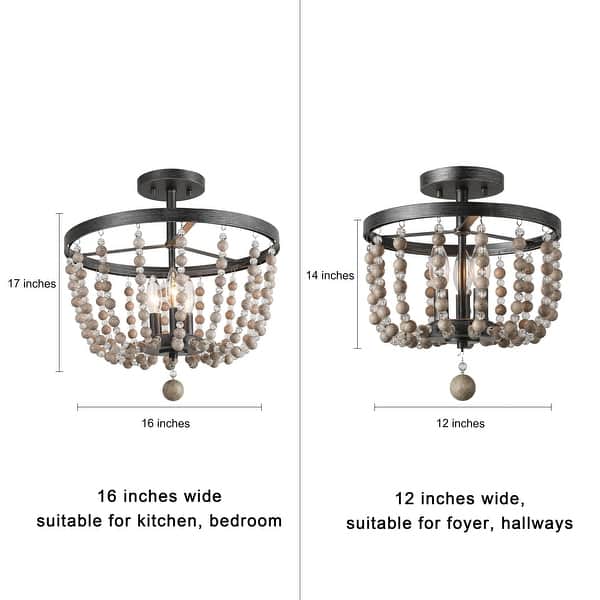 dimension image slide 2 of 3, Modern Farmhouse 3-Light Flush Mount Bohemian Distressed Wood Ceiling Lights