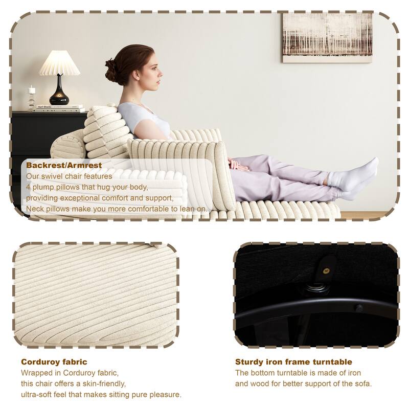 Oversized Swivel Accent Chair, Corduroy Round Lounge Sofa Chair, Upholstered Reading Armchair with Back Cushion & 2 Pillows