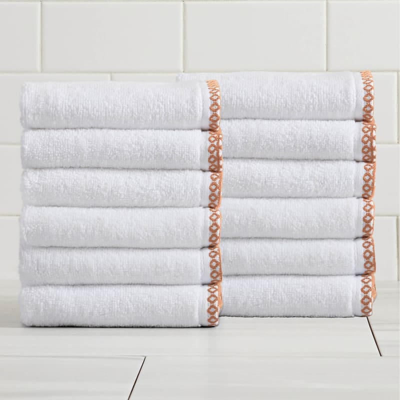 Linery & Co. Quick-Dry Cotton and Decorative Border Towel Set - Washcloth (Pack of 12) - White / Clay