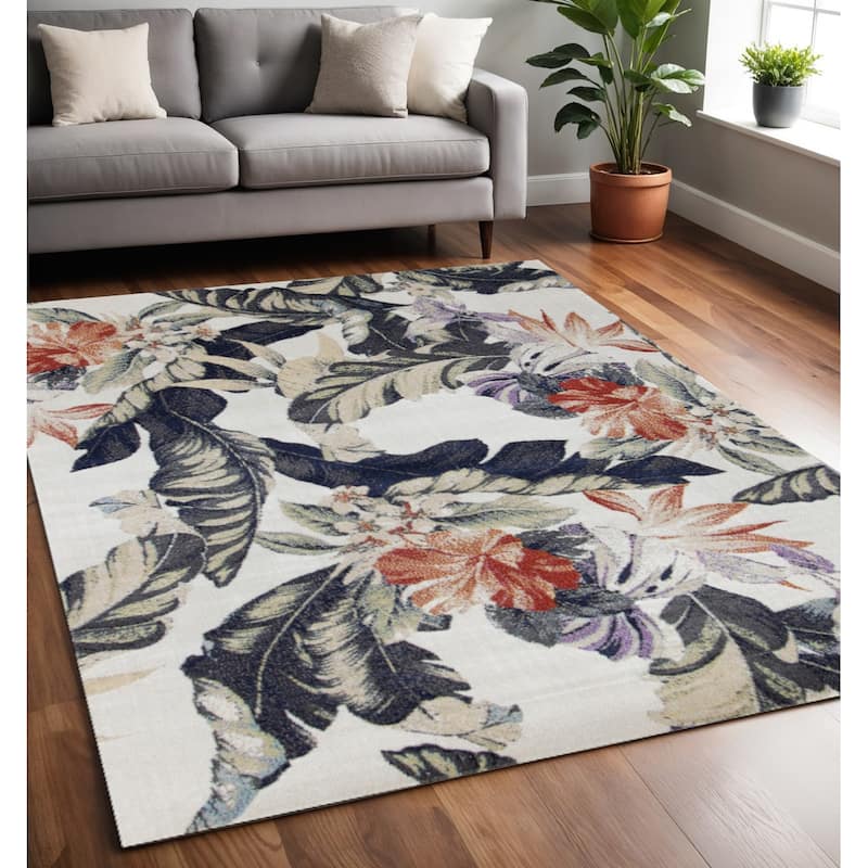 HomeRoots Botanical Leaves Modern Rectangle Area Rug - 5' X 8' - 5' X 8'
