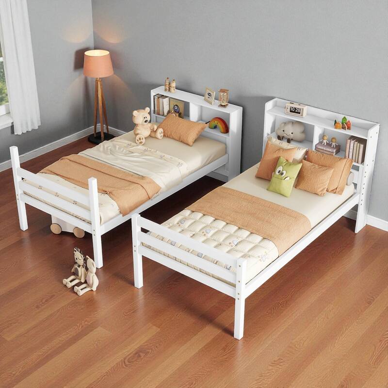 Twin Over Twin Bunk Bed with Shelves Headboard, Solid Rubber Wood Frame with Guardrails, Ladder, and Convertible Design