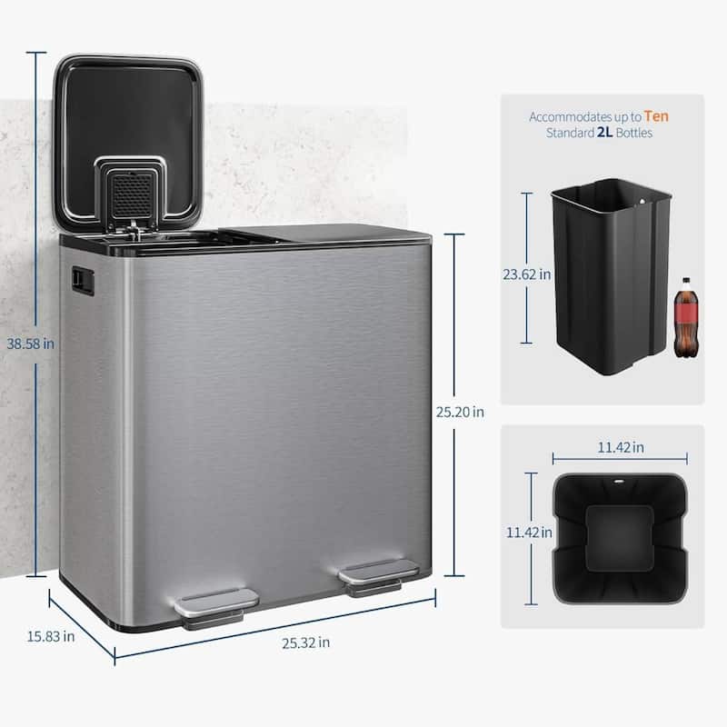 2 x 10.6 Gal Double Trash Can, Stainless Steel Dual Compartment Step-On Trash Can for Kitchen