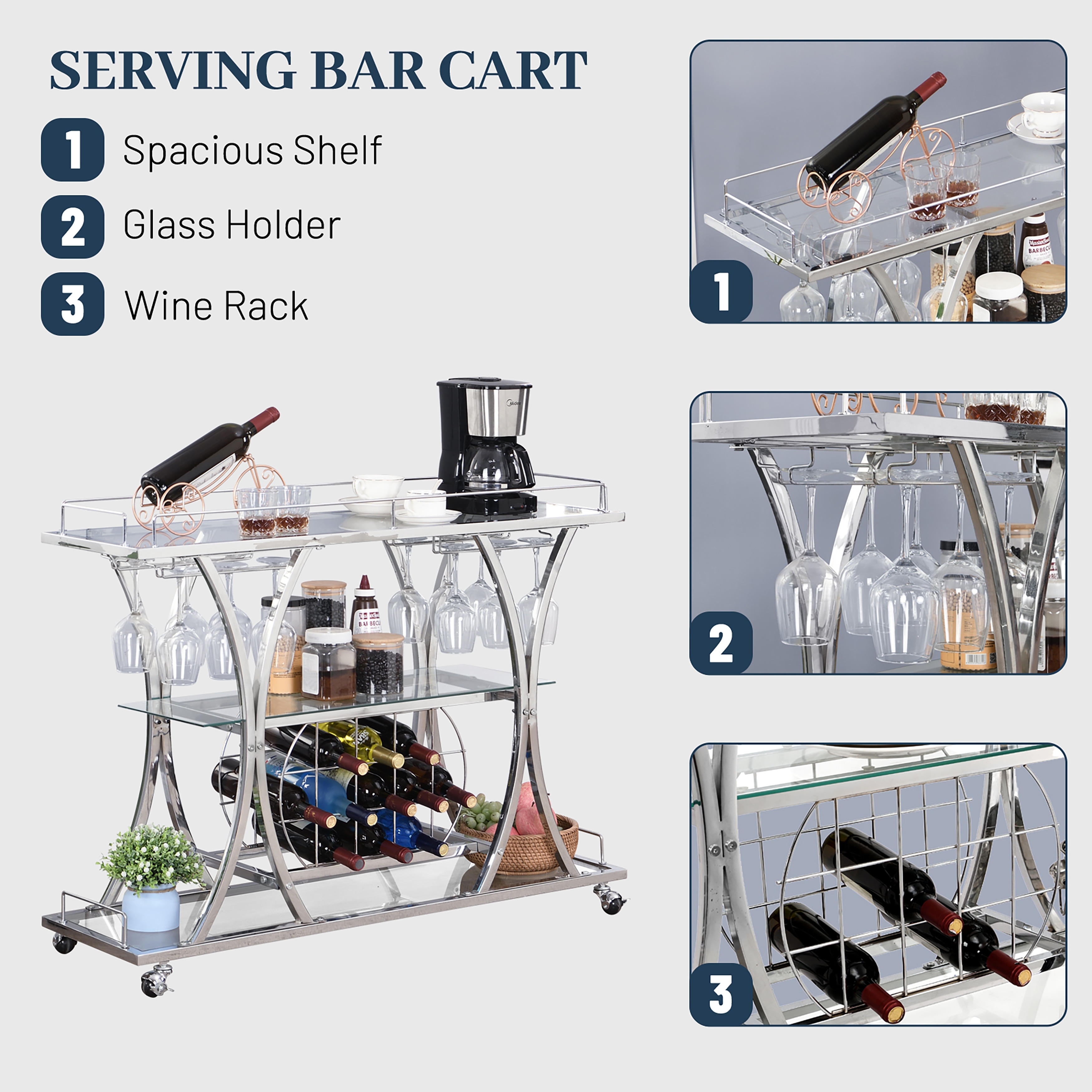 Myhozm 3-tier Serving Metal Bar Cart with Tempered Glass