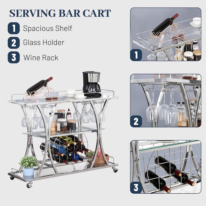 Myhozm 3-tier Serving Metal Bar Cart with Tempered Glass