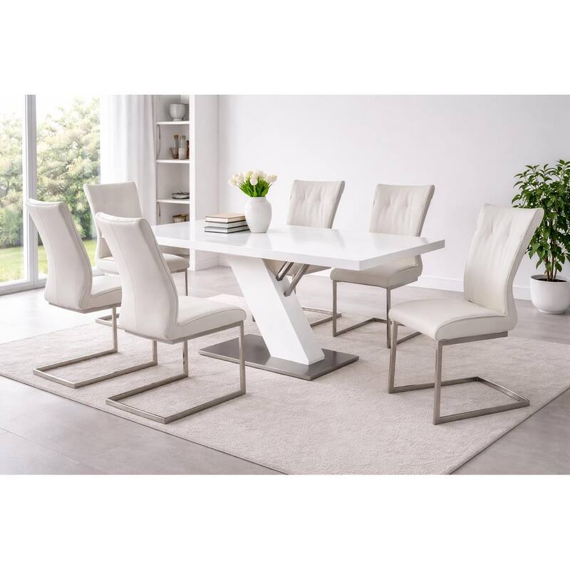 White Dining Table, Glass on the Lacquer Top w Stainless Steel Base