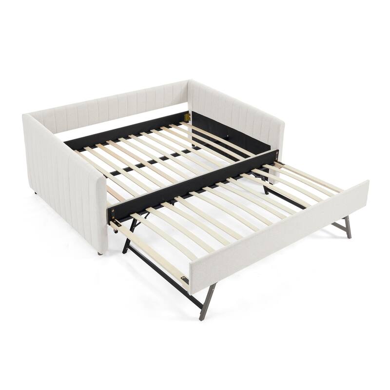 Full Size Upholstered Daybed with Trundle, Linen Fabric, Beige, Vertical Stripes Design
