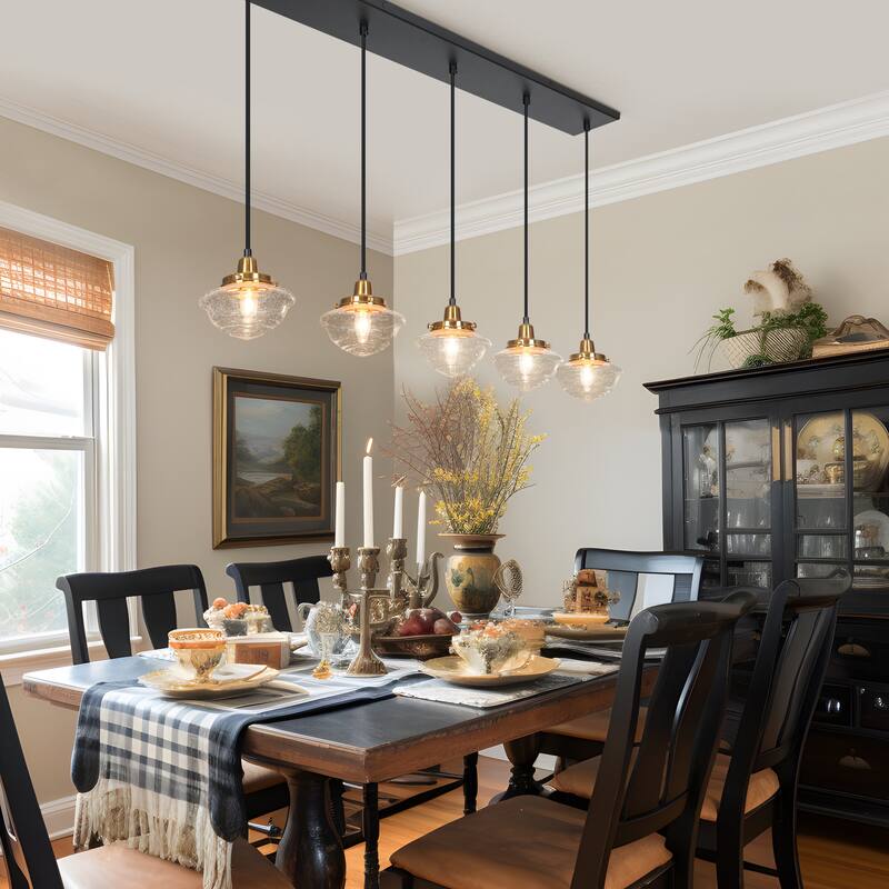 Modern 5-Light Black Gold Linear Chandeliers Kitchen Island Lights for Dining Room with Seeded Glass - 44'' L x 6.5'' W x 8'' H