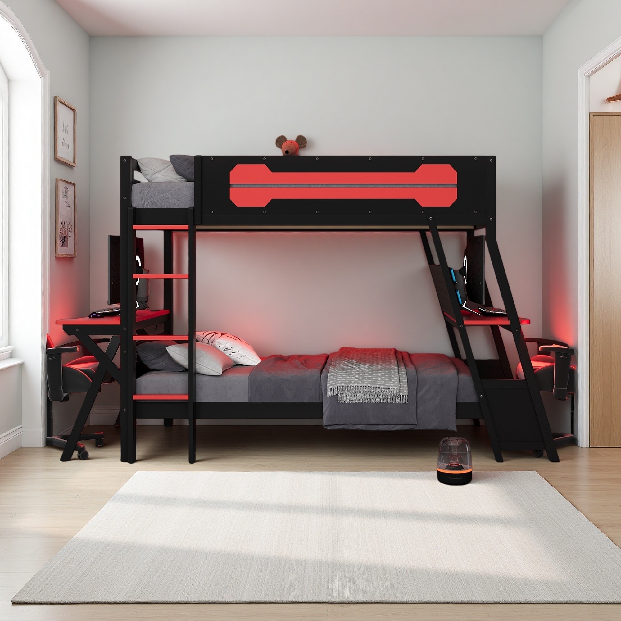 Twin Size MDF & Wood Bunk Bed with Dual Built-In Gaming Desks, USB Ports & Pegboard Organizer, E-Sports Inspired Gaming Bunk