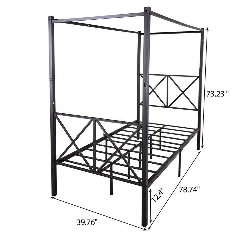 Metal Canopy Bed Frame, Platform Bed Frame with X Shaped Frame Black
