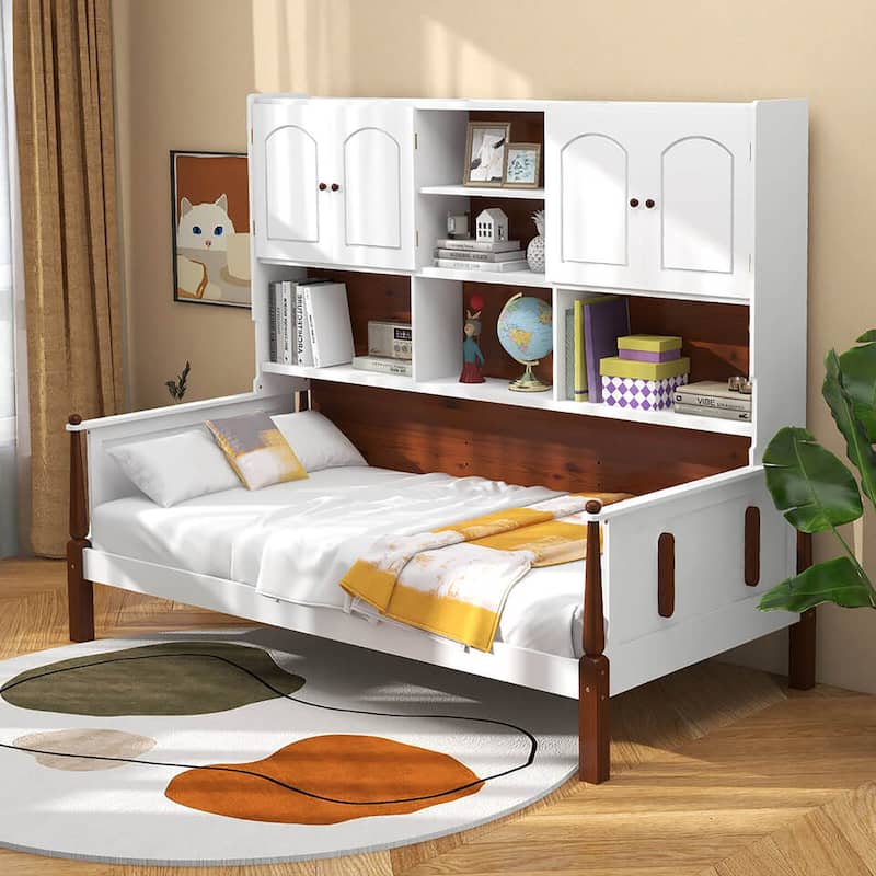 Gymax Twin Daybed w/ Bookcase Wooden Platform Bed w/ Shelves &