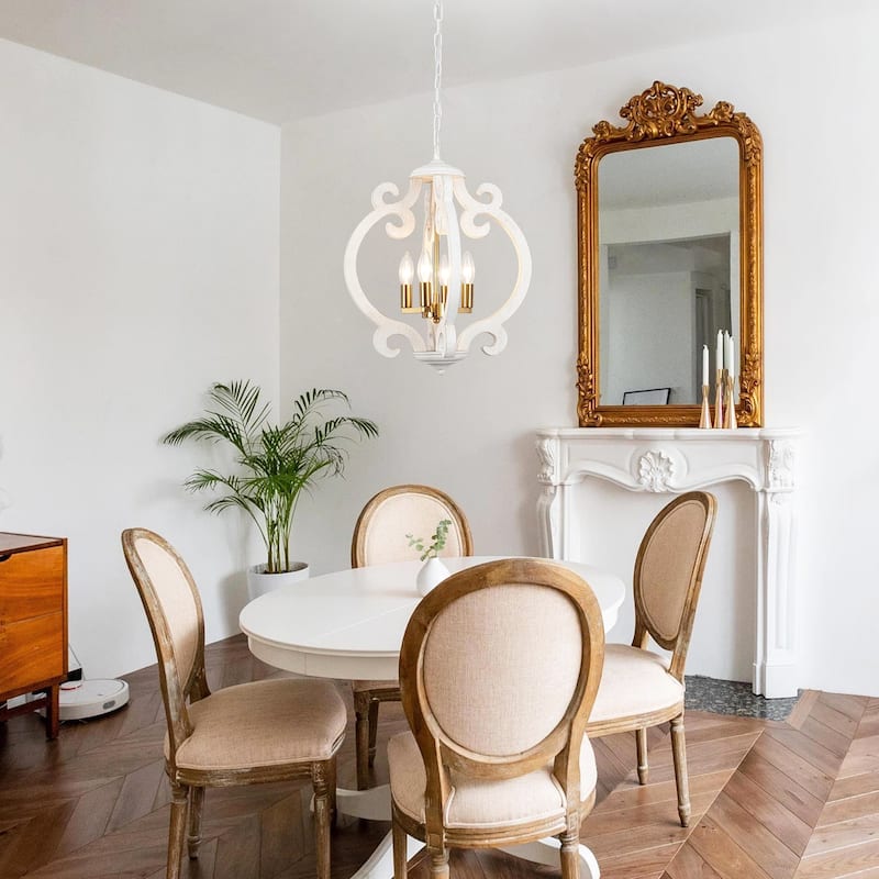 4-Light Antique Wood French Country Chandelier Vintage Pendant for Dining Room
