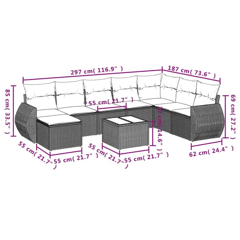 vidaXL 8 Piece Patio Sofa Set with Cushions Grey Poly Rattan - 24.4" x 24.4" x 27.2"
