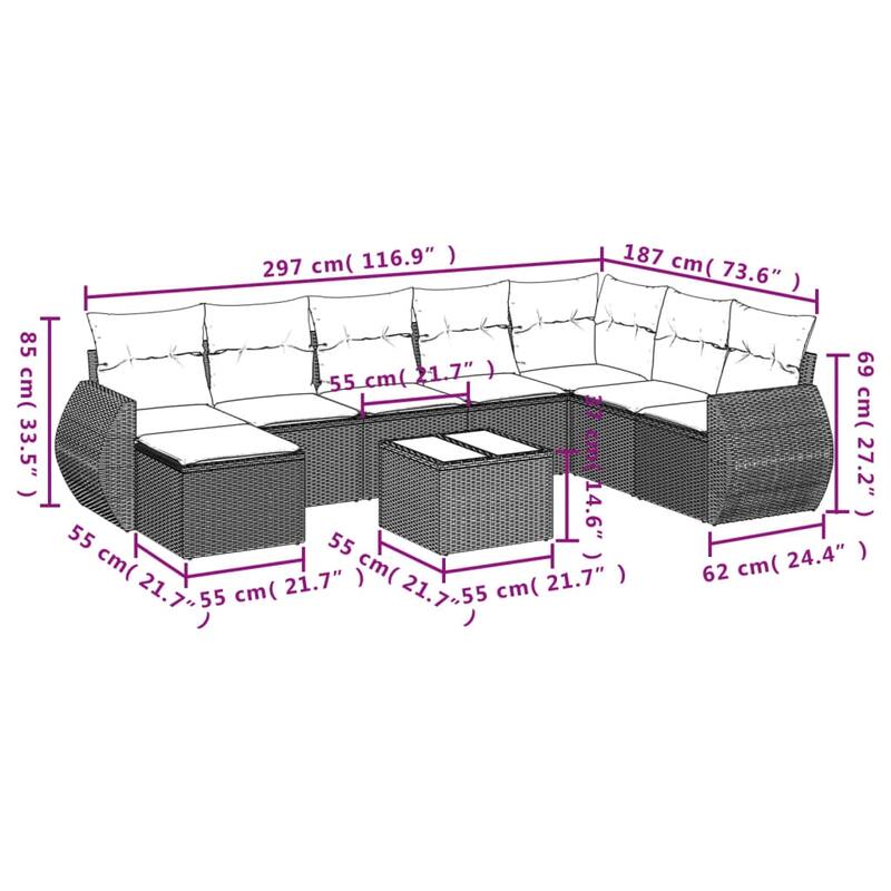 vidaXL Patio Sofa Set with Cushions Outdoor Conversation Furniture Poly Rattan - 21.7 x 21.7 x 14.6