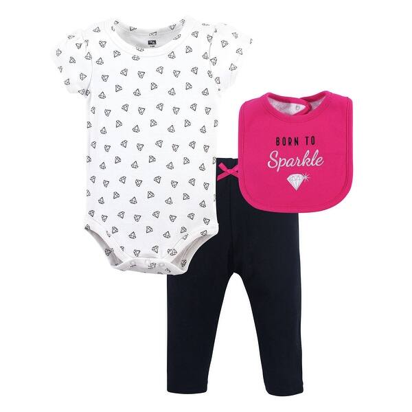 slide 1 of 1, Hudson Baby Infant Girl Cotton Bodysuit, Pant and Bib Set, Sparkle 0-3 Months - Sparkle