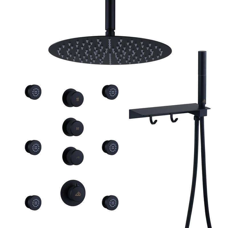 CASAINC Thermostatic 12 inch Rainfall Showerhead with Handheld Spray & 6 Body Jets Set(Can All Run Together) Rain Shower System - Matte Black
