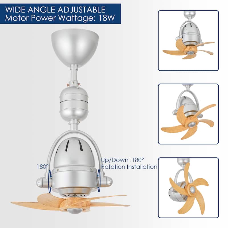 5-Speed 5-Blade Mid-Century Modern Silver Metal & Natural Wood-Tone Plastic Ceiling Fan with Remote for Living Room