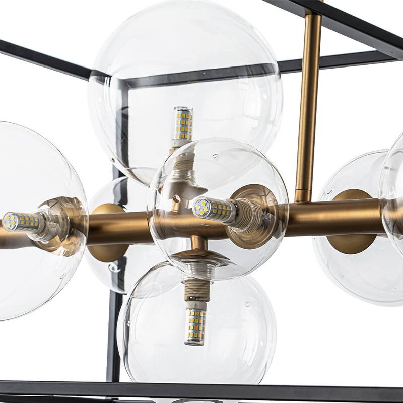 12-Light Modern Rectangle Island Chandelier With Clear Glass Globe - Black & Gold - 31.7in