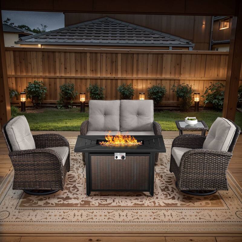 Gymojoy Outdoor Fire Pit Conversation Set, Loveseat Glider Sofa & Chairs - Patio Furniture Set - 5-Piece included Swivel Chairs - Beige