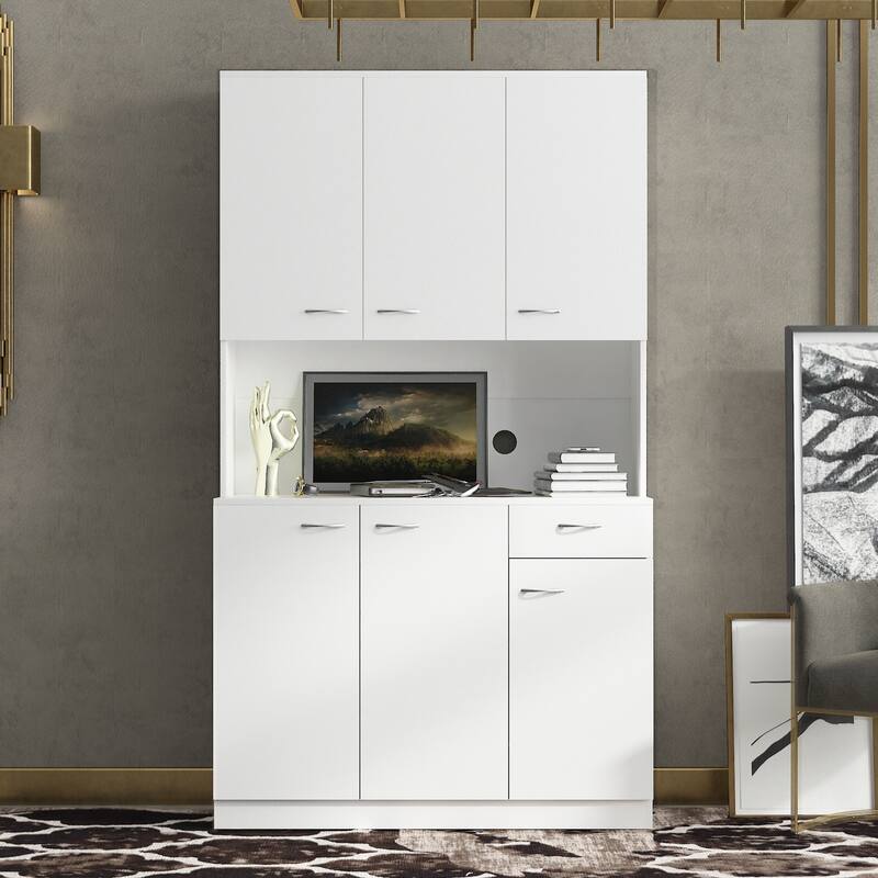 White 71" Tall Kitchen Pantry Buffet Cabinet with 6-Doors, 1-Open Shelves and 1-Drawer - 39.37"W x 15.35" D x70.87"H