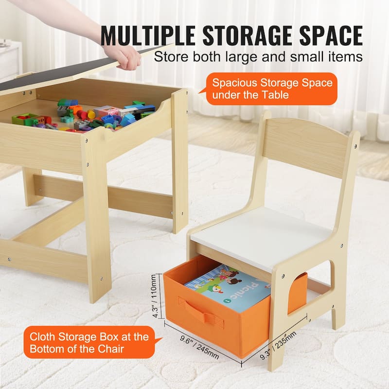 Kids Table and Chair Set, Wooden Activity Table with Storage Space and Boxes