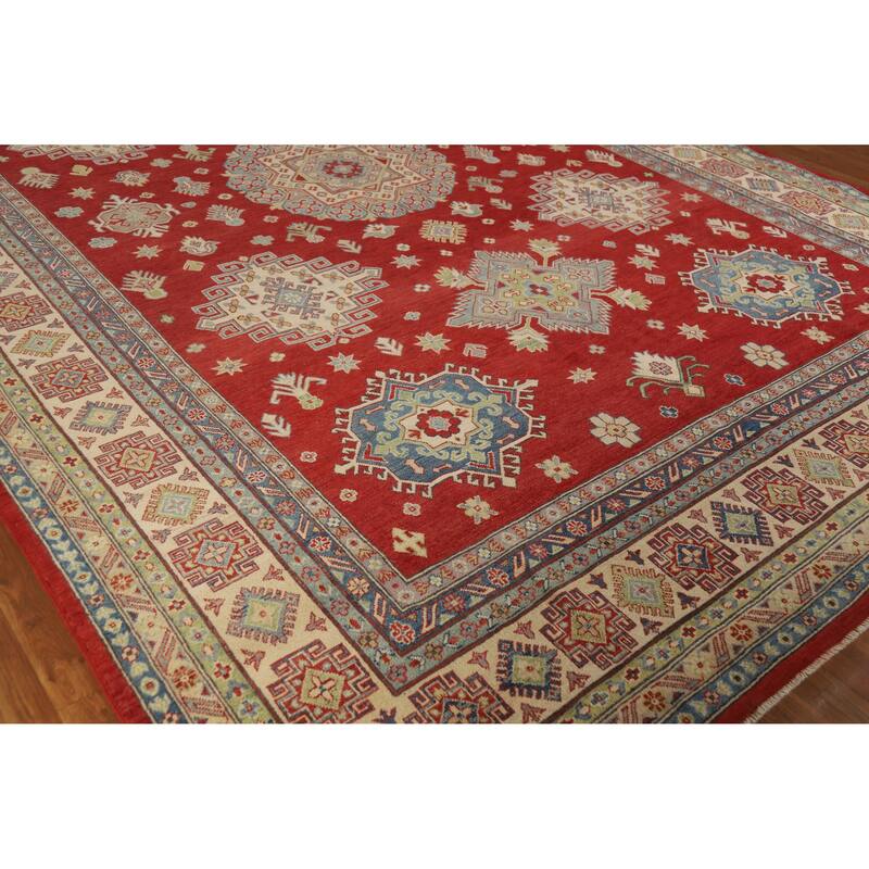 Hand Knotted Oriental 100% Wool Carpet Traditional Geometric Red Kazak Area Rug - 13' 11'' X 9' 6''