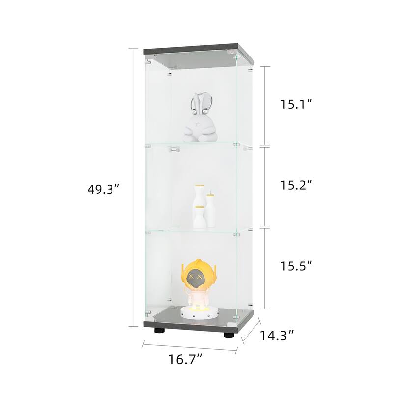 One-Door Glass Display Cabinet with 3 Shelves, Floor Standing Curio Bookshelf with Tempered Glass for Living Room Bedroom Office