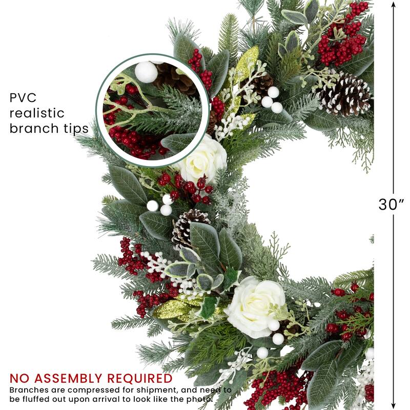 Real Touch™️ Mixed Foliage Roses Artificial Christmas Wreath 30" Unlit