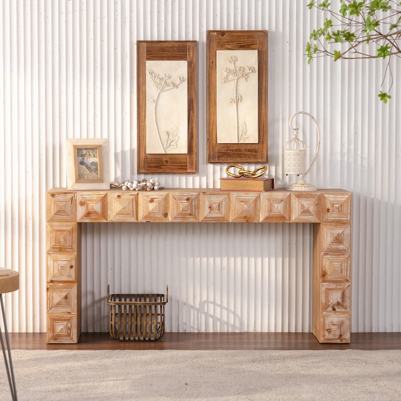 59.06" Rustic Geometric Relief Console Table - Solid Wood & MDF Entryway Table with 3D Carved Details for Living Room/Hallway - Natural Wood
