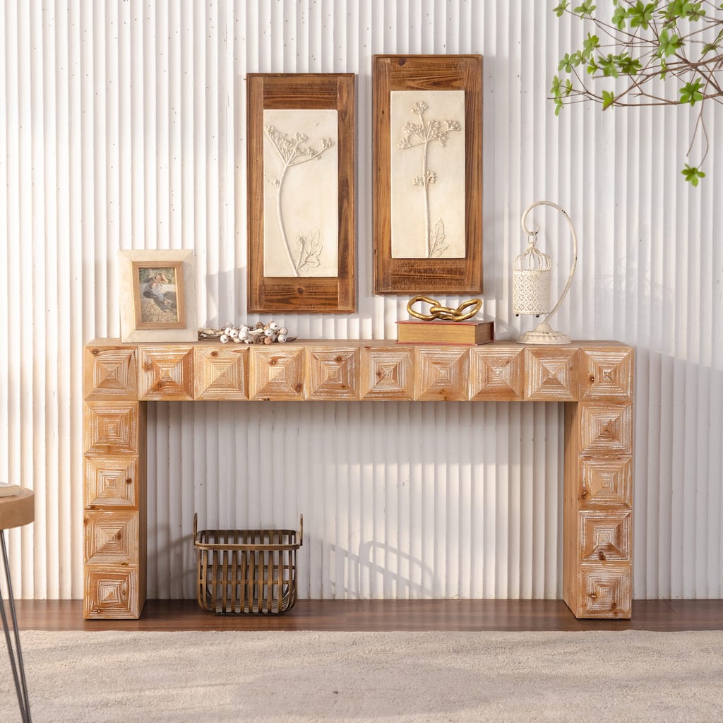 59.06" Rustic Geometric Relief Console Table - Wood & MDF Entryway Table with 3D Carved Details