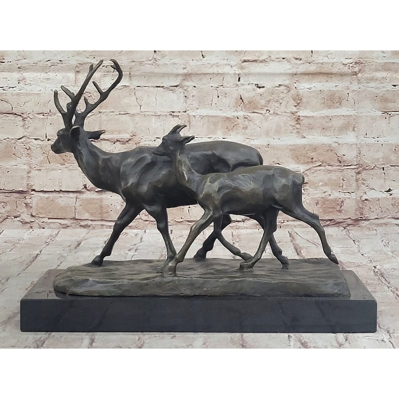 Deer Buck Elk And Doe Fawn Caribou Reindeer Bronze Statue Sculpture Marble Base 11 Inches X 13 Inches
