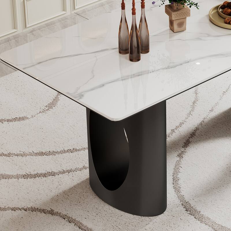 0.47" Thick Sintered Stone Composite Tempered Glass Top Dining Table with Stainless Steel Base