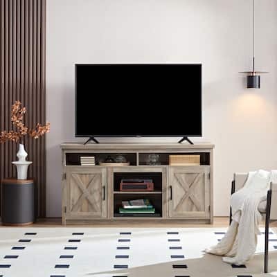 Gray Wash Farmhouse Style 57.87" TV Stand with Open and Closed Storage Space for TVs Up to 65"
