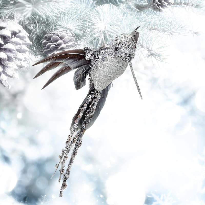 8" Hummingbird Ornament Set of 6 Beaded, Glitter, Sequin - Silver