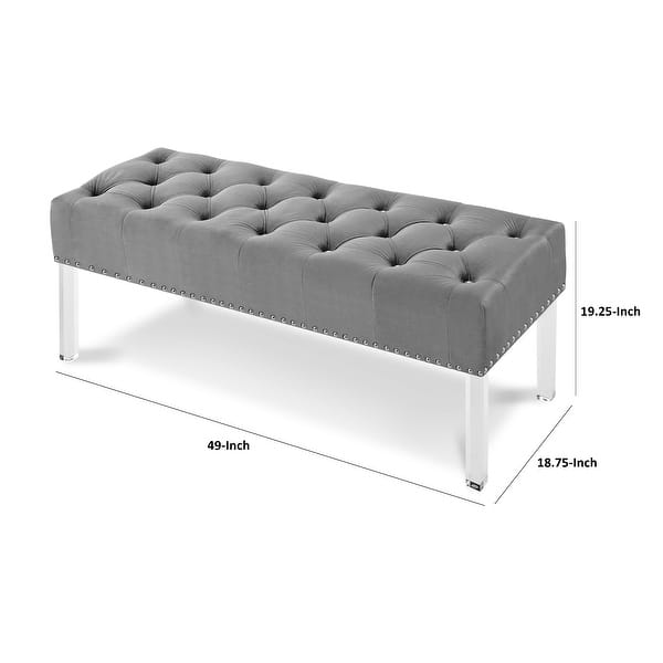 Bernard 49 Inch Velvet Upholstered Button Tufted Bench, Grey Bed Bath