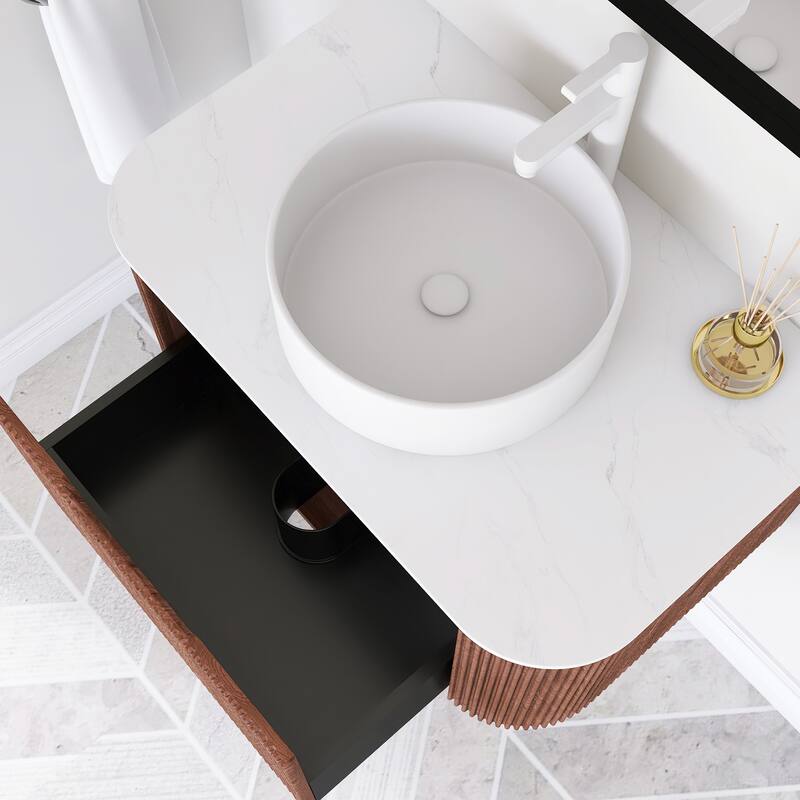 Plywood Wall-Mounted Bathroom Vanity Set with Integrated Ceramic Sink in Natural Wood
