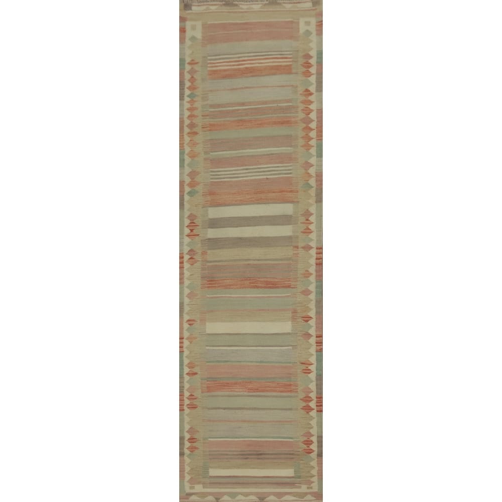 Hand Woven Oriental 100% Wool Carpet Southwestern Tribal Multi-Colored Kilim Runner Rug - 12' 1'' X 2' 7''